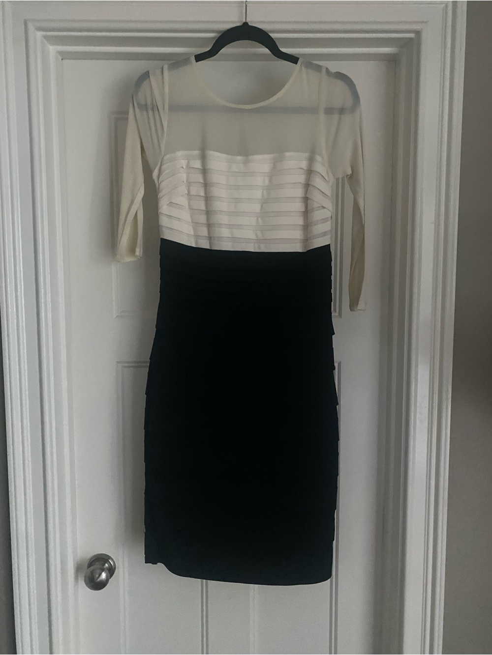 dressbarn Cream and Black Sheer Bodice Midi Dress